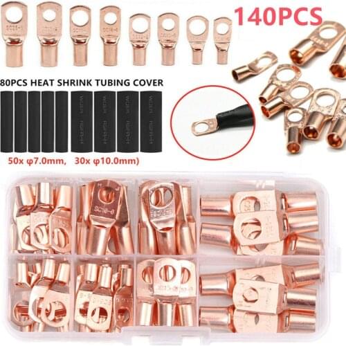 140PCS Car Auto Copper Ring Terminal Wire Crimp Connector Bare Cable Battery Terminals Soldered Connectors Assortment Kit