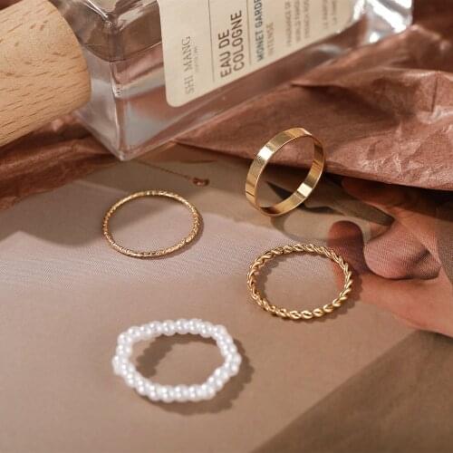 4 pcs/set Fashion Imitation Pearl Rings for Women Gold Color Round Wave Geometric Rings Set Wedding Party Jewelry New