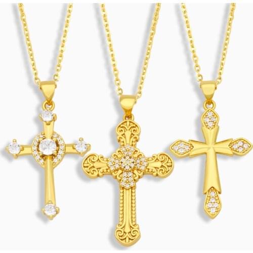 FLOLA Gold Plated Crystal Cross Necklace For Women Cubic Zirconia Pendant Necklace Christian Jewelry Accessories Gifts nkev08