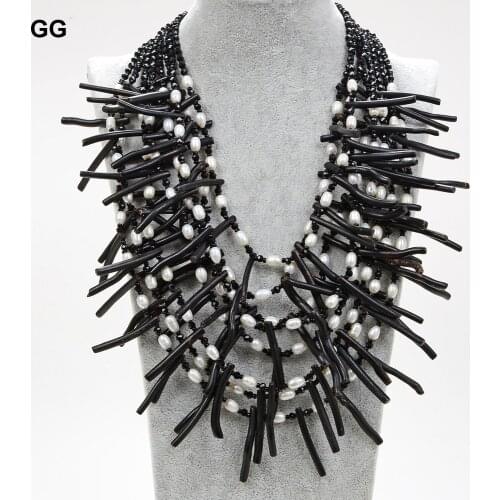 GuaiGuai Jewelry 18" 9 Strands White Rice Pearl Black Coral Crystal Necklace
