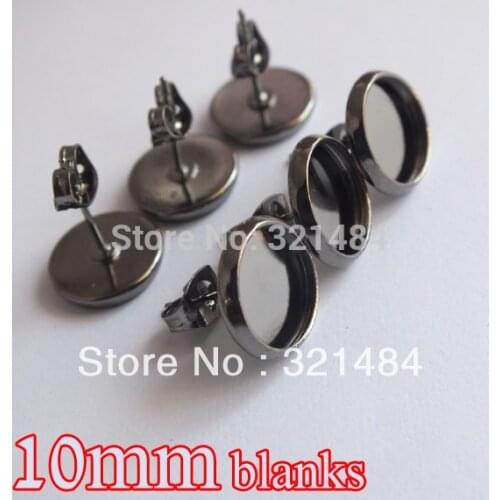 Gunmetal black 200pcs earring cabochon cameo setting 10mm earring bezel blank post with butterfly backings studs diy findings