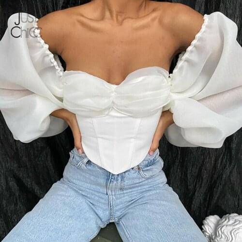 Justchicc Slash Neck Mesh White Tops For Women Summer Lantern Sleeve Sexy Backless Short T-shirt For Lady Off Shoulder Top