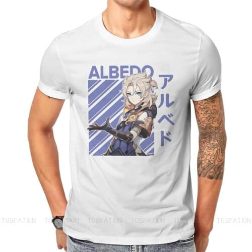 Albedo Cool Newest TShirts Genshin Impact Game Paimon Childe Male Harajuku Fabric Tops T Shirt Round Neck Oversized