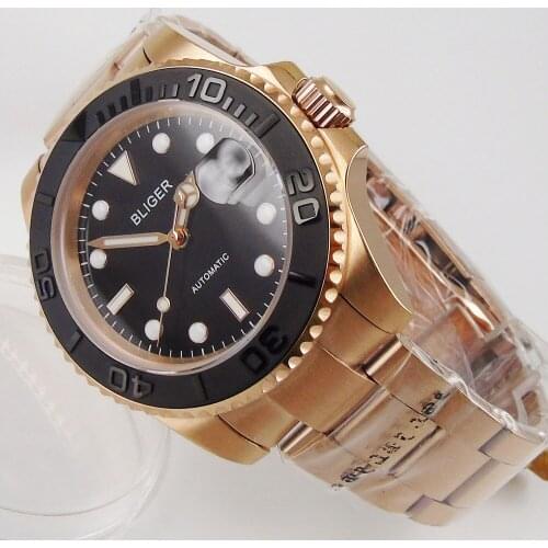 BLIGER 24 Jewels NH35 Movement Rose Gold Coated Mechanical Men Wristwatch Brushed Bezel Insert Deployment Clasp
