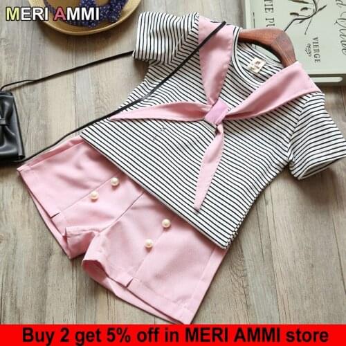 MERI AMMI 2pcs Outfit Set Children Girl Clothing Set Striped Tshirt+Shirts For 2-7 Year Girl,J684