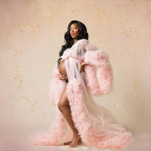 Fashion Sexy Night Robe See Through Pink V Neck Sleepwear Party Dress Sweep Train Tiered Ruffles Nightgowns Robes