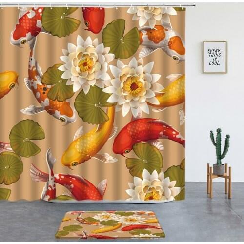 Lotus Koi Print Shower Curtains Set Non-slip Rug Japanese Style Washable Bathroom Decor Screen Bath Mats Entrance Door Mat Hooks