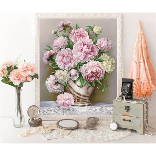 HUACAN Cross Stitch Flower Needlework Sets Cotton Thread Embroidery Scenic Kits White Canvas 14CT DIY Home Decor 40x50cm