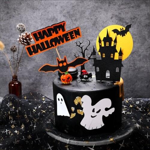 1set Ins New Happy Halloween Cake Topper Bat Cat "Trick or Treat" Witch Birthday Cake Decorations For Halloween Party Supplies
