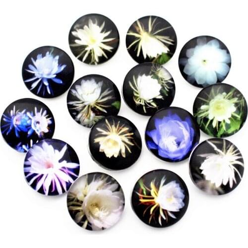 New Arrived 10pcs/lot 18mm Epiphyllum Print Glass Snap Buttons Charms Fit Snap Bracelet Necklace Jewelry Making
