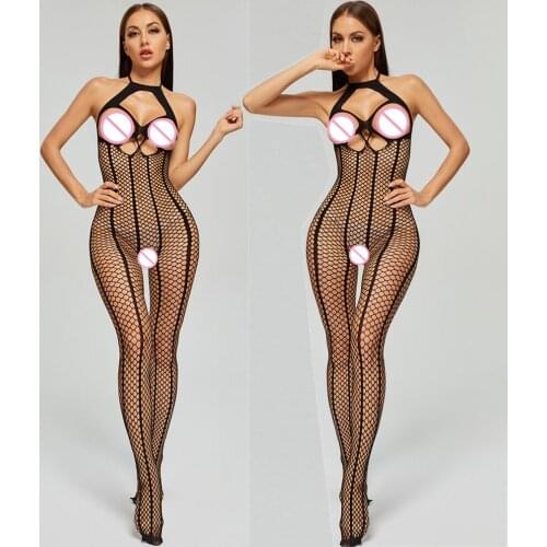New Sexy Lingerie Female Erotic Sexy Woman Full Body Stockings Perspective Temptation Hollow Breast Open Mesh Teddy Bodysuits