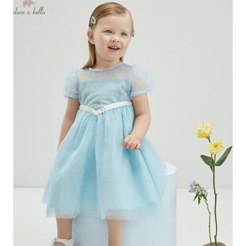 DBJ17865 dave bella summer baby girls cute bow embroidery mesh dress children fashion party dress kids infant lolita clothes