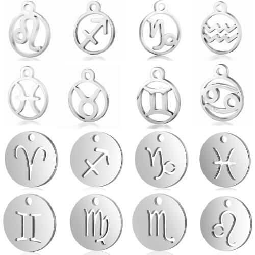 10pcs/lot Stainless Steel Laser Cutting 12 Zodiac Sign Charms Steel Horoscope Icon DIY Metal Pendant Charms for Jewelry Making