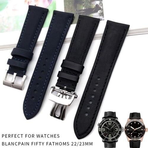 23mm Weaving Nylon Cowhide Watch Strap Folding Buckle Needle Buckle Sport Watchband Suitable for Blancpain Fifty Fathoms Watch