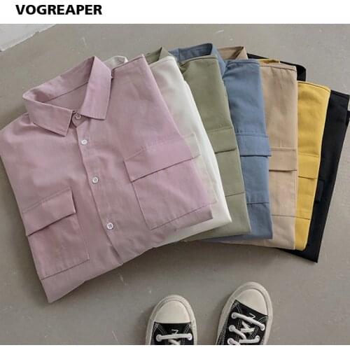 Summer New Men Chest Pockets Short Sleeve Shirt Streetwear Korean Fashion Button Down White Black Khaki Shirts Harajuku Blouse