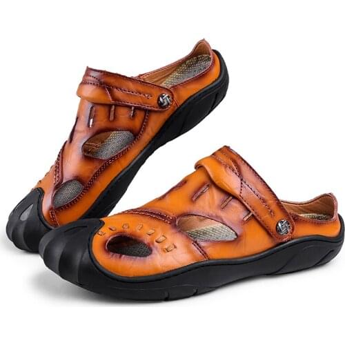 Summer Beach Men Sandals Shoes Non-slip Outdoor High Quality Genuine Leather Breathable Rome Male Trekking Sandals Size 38-46
