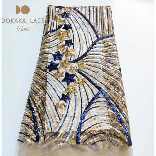 Blue And Gold Sequins Net Lace Fabrics Beautiful Sequined Embroidered Mesh Laces Dresses Fabrics Stars Design Nigerian Net Laces
