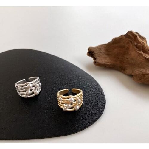 SRCOI Gold Silver Color Wide Imitation Pearls Hollow Open Ring Alloy Adjustable Korean Trendy Circle Wave Ring For Women Party