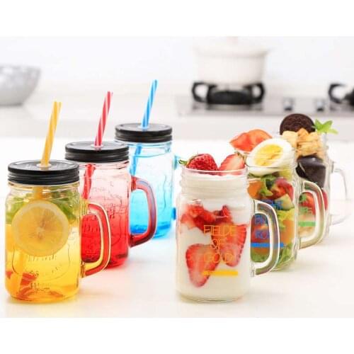 Gradient Blue Letter Glass Cup Mason Jar Mug With Lid&Straw Creative Ice Cream Fruit Cold Drinking Glass Smoothie Coffee CupGift
