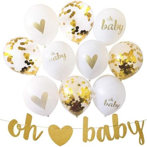 12Inch "OH BABY" Golden Latex Letter Sequined Balloon Set Printing Love Round Letter Lift Balloon BOY OR GIRL Banner Ballon QM08