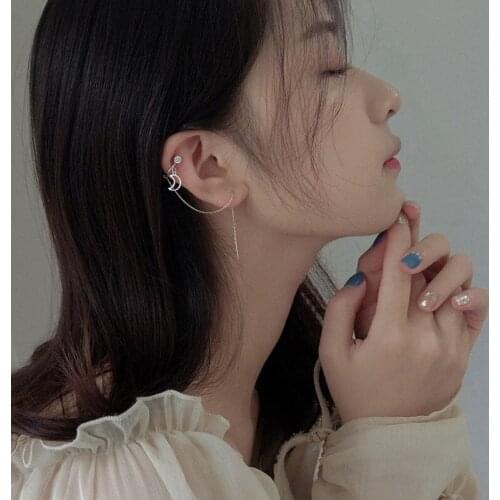 New Single Long Ear Line Clip Tassel Earrings for Women 925 Silver Moon Crystal Pendant Cuff Earrings Fine Jewelry