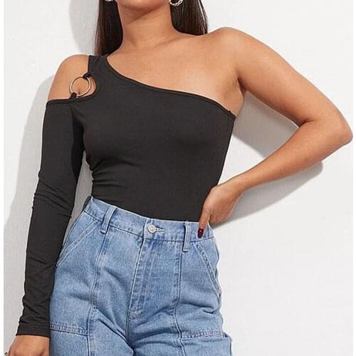 Women Sexy Asymmetric Cutout Neck T-shirt Long Sleeve Sleeveless Slim Blouse Ladies Shirt Female Casual sportwear women clothes