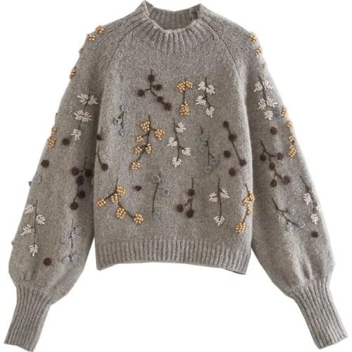 Womens Vintage Korean Long Sleeve Pullover Chic Flowers Beaded Fashion Harajuku Knitted Sweater Keeps Warm Autumn And Winter