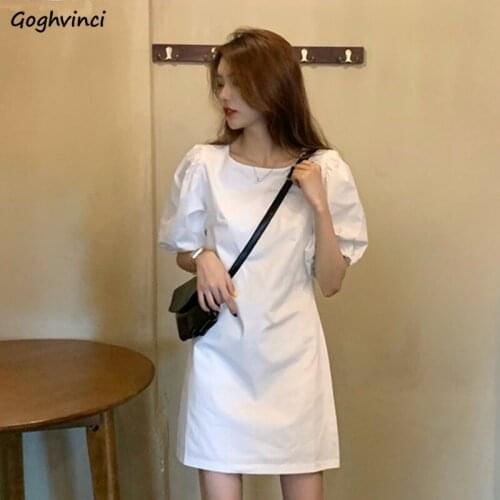 Dress Women Solid Simple Summer Fashion Mini Puff Sleeve French Style Temperament High Waist Female Vestido Breathable All-match