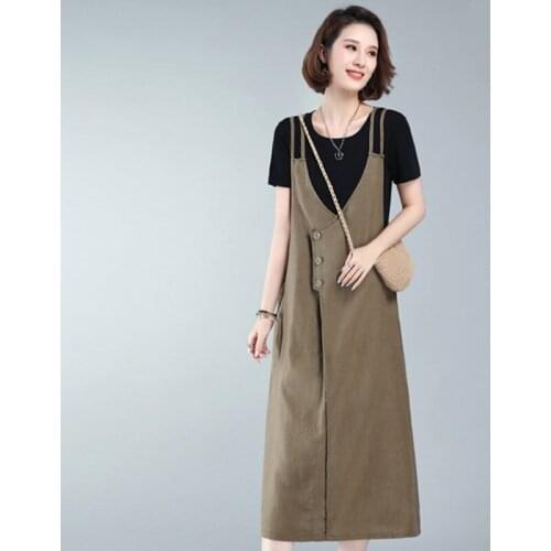 Retro Cotton And Linen Two Piece Suspender Dress Suit 2021 Summer New Korean Loose Casual Shirt And Sling Dress Women zh1637