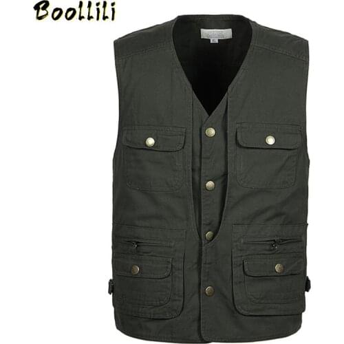2020 Solid Big Size 100% Cotton Fabric V-neck Multi Pockets Vest Mens Casual Photography Single-breasted Loose Sleeveless Jacket