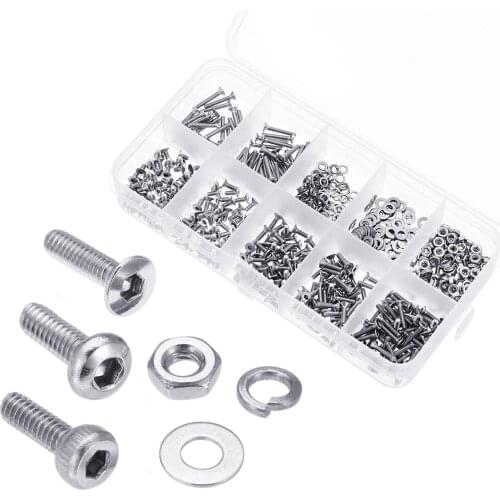 M2SSH1 600Pcs M2 304 Stainless Steel Hex Socket CapButtonFlat Head Screw Washer Nut Kit