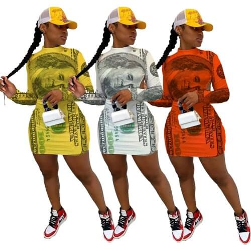 White Yellow Orange Money Dollar Print Mini Dress Women Fashion Backless Long Sleeve Skinny Dress Summer Night Club Party Dress