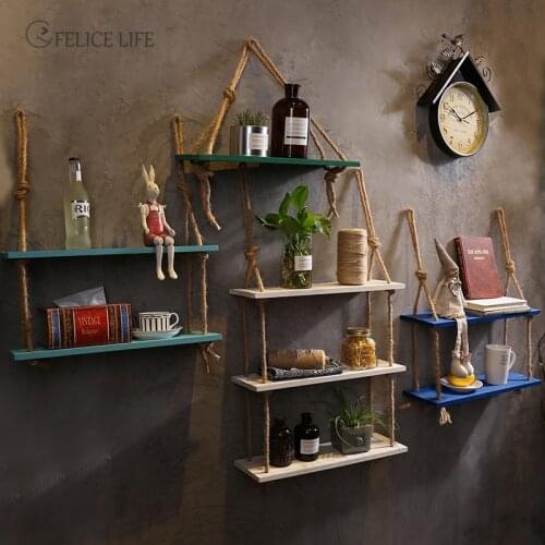 Nordic Style Twine Wooden Wall Shelf Flower Pot Hanging Rack Home Decor Storage Rack Room Storage Organization Swing Shelf