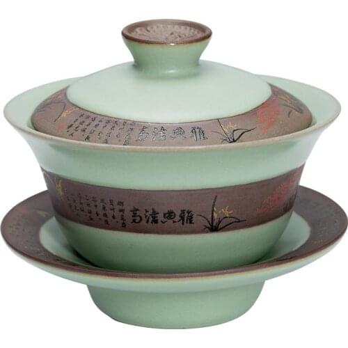 140ml Porcelain Gaiwan Tea Bowl with Saucer Lid Kit Tea Tureen Hand Painted Green Kung Fu Tea Set Teaware Drinkware Decor