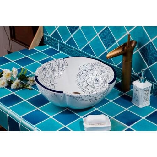 Flower shape China peony painting Artistic Handmade Art wash basin Ceramic Counter Top Wash Basin Bathroom Sink wash basin