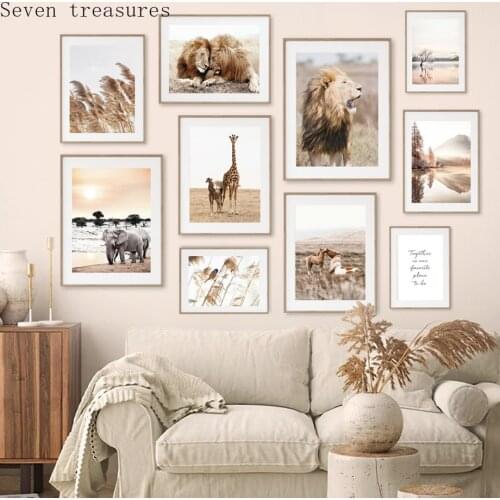Reed Lion Elephant African Animals Beige Nordic Posters And Prints Wall Art Canvas Wall Pictures For Living Room DecorPainting