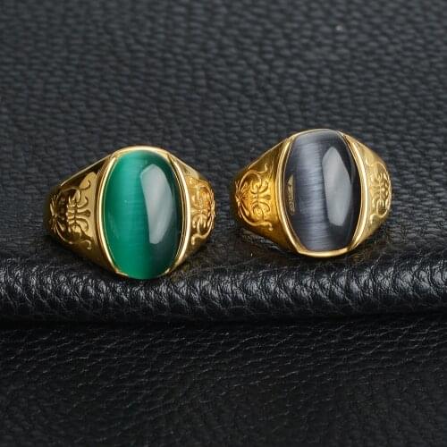 Biker Rock Finger Stainless Steel Artificial Opa Stone Rings Men Obsidian Male Hiphop Punk Onyx Ring Jewelry Not Fade