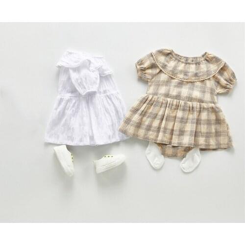 Summer Baby girls Romper Cotton Short Sleeve Triangle Romper Girl Plaid printed Summer Retro doll collar Clothes