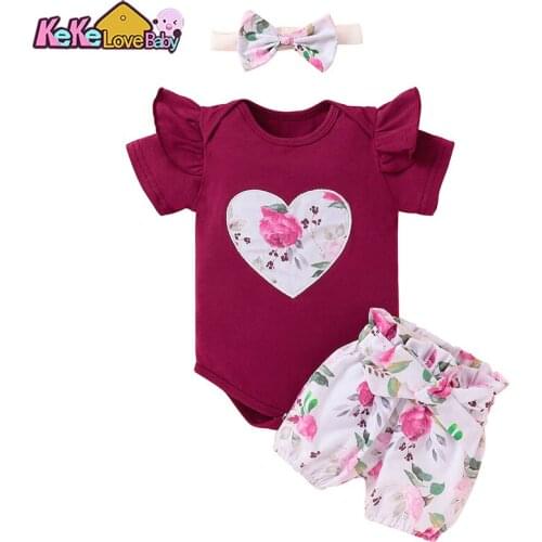3Pcs Newborn Baby Girls Summer Clothes Set Toddler Ruffle Love Romper Shorts Headband New Born Infant Cute Flower Outfit