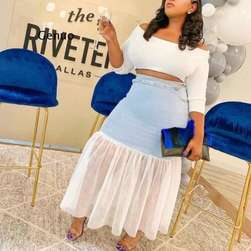 Korean Version of The Fashion Wild Denim Stitching Mesh a Word Skirt Small Fresh Skirt Wash Water Worn 2021 Summer New