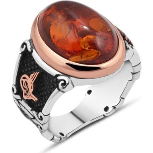 Synthetic Amber Silver Men 'S Ring