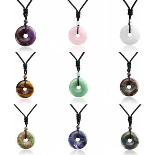 Natural Reiki Healing Crystal Stone Necklace Adjustable Protection Lucky Coin Pendant Necklaces Amulet Jewelry for Women Men