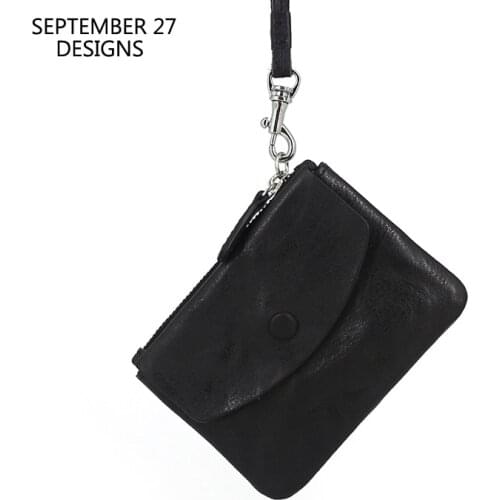 New Fashion Coin Purses Neck Lanyard Wrinkled Cowhide Leather Women Zipper Key Wallets Credit Card Purse Casual Money Bag Female