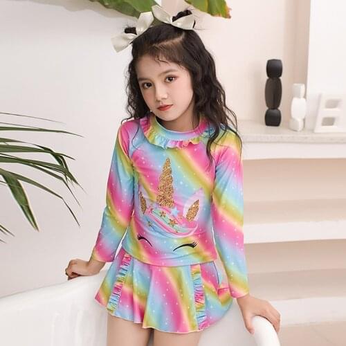 New Child Swimwear Girls Unicorn Swimwear Kid Baby Two Piece Swimsuit Skirt Long Sleeve Children Dress Bathing Suit Beachwear