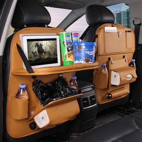 Car Seat Organizer PU Leather Storage Bag With Trash Can Foldable Dining Table Car Seat Storage Bag Car Accessories