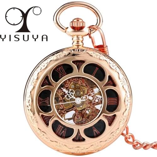 Rose Gold/Silver Hollow Flower Transparent Skeleton Mechanical Pocket Watch Manual Pendant Pocket Clock Accessory Gift Men Women