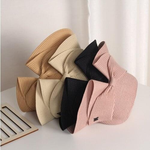 Womens Summer Hat Wide Brim Foldable Bucket Hat M letter Bow Sun Protection Cap Female Flat Top Beach Hat Straw Hat Sun Hats
