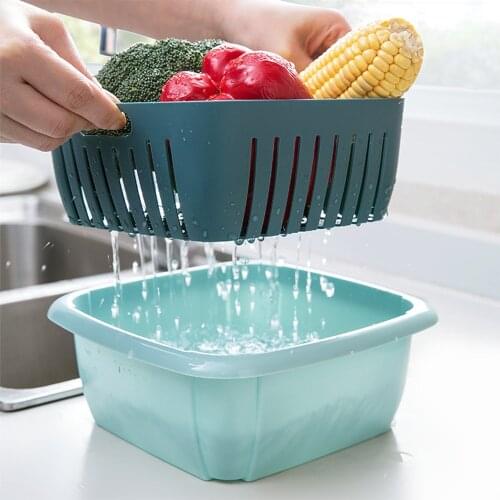 Blue Storage Box Kitchen Double Drain Basket Bowl Washing Storage Basket Filter Bowl Drain Vegetable Cleaning Household Items