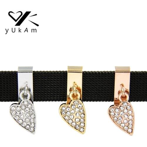 YUKAM Pave Crystal Rhinestone Heart Pendant Slide Charms Keeper for Mesh Keeper Bracelets DIY Sliders Jewelry Accessories Making