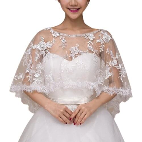 Womens Embroidery Floral Lace Wedding Shawl Cape Eyelash Trim High Low Tulle Bridal Capelet Bolero Rhinestone Evening Shrug Wrap
